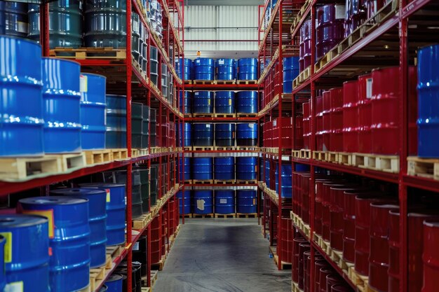 Oil drums and totes stored on racks and pallets to protect lubricants from moisture and dirt